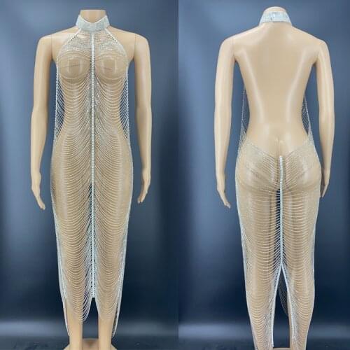 Flashing Silver Chain Hollow Dresses Women Stretch Rhinestone Dress Tassels Long Dress Birthday Prom Backless Outfit XS2741
