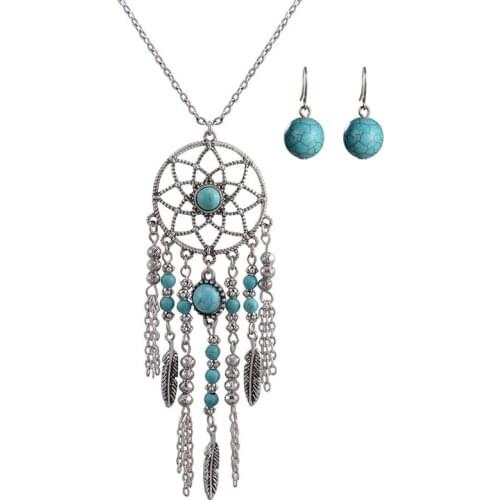 Ethnic Necklace Tassel Green Resin Antique Silver Color Long Pendant Necklaces for Women Multi-layer Chain Boho Jewelry Collier