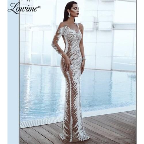 Hot Sexy Illusion One Shoulder Party Dress Celebrity Dresses 2021 Custom Made Long Sleeve Sequin Mermaid Prom Dress Evening Gown