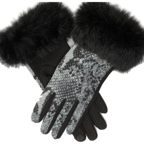 Winter womens snake print imitation rabbit fur fashion warm finger gloves plus velvet cold-proof touch screen gloves D70