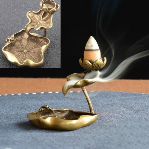 Antique brass lotus leaf reflux incense burner ornaments solid pure copper frog lotus pond incense burner frame ornaments