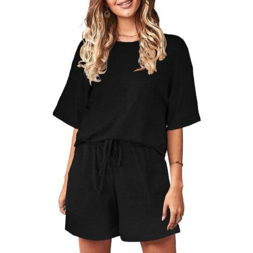 Black/Khaki Crew Neck Short Sleeve Ribbed Lounge Set Women Summer Casual Loose Short Sleeve Top Shorts Pants 2 Two Pieces Sets