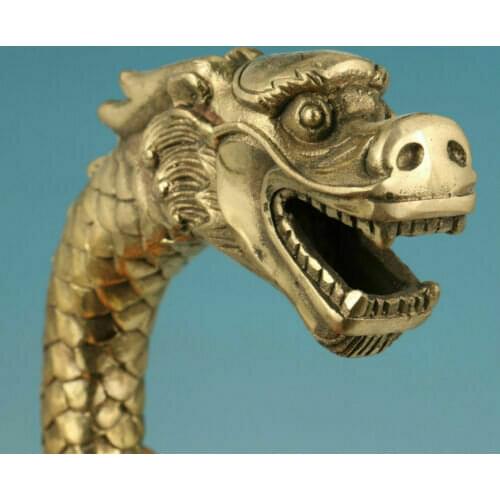 Chinese Old Brass Handmade Carved Dragon Statue Cane Walking Stick Head