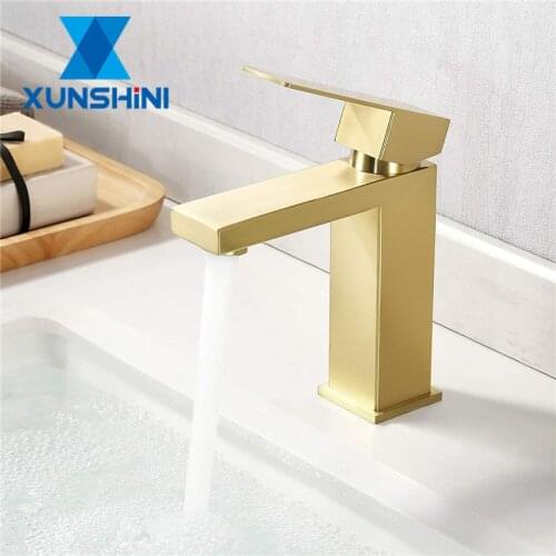 XUNSHINI Brushed Gold Bathroom Faucet Single Hole Modern Vanity Faucet Single Handle 304 Stainless Steel Bathroom Sink Faucet