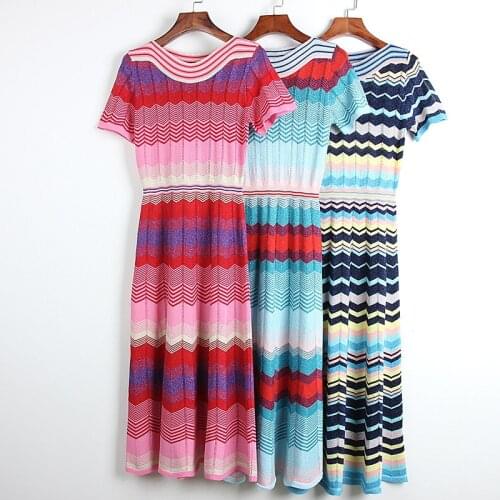 Summer women casual wave striped sweater dress 2020 new female hollow out short sleeve knitting midi dress JC402