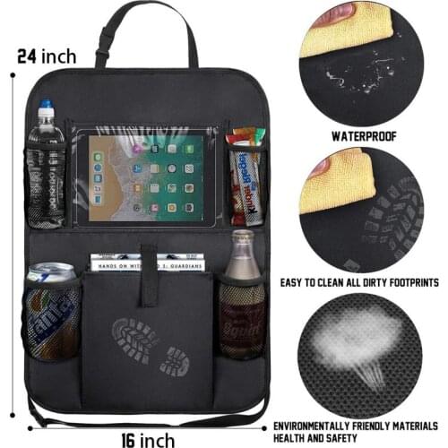 Car Multi-function Seat Back Bag with Touch Screen Tablet Holder + Storage Pockets Rear Seat Anti-kick Car Accessories