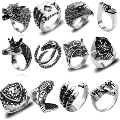 Retro Gothic Punk Men Rings Trendy Skull Wolf Dragon Male Snake Lighter Poker Rings Jewelry Halloween Accessories