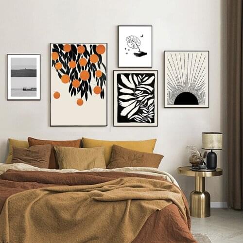 WTQ Canvas Painting Minimalist Leaf Prints Abstact Sun Black White Orange Color Botanical Wall Art Picture Room Decor Home Decor