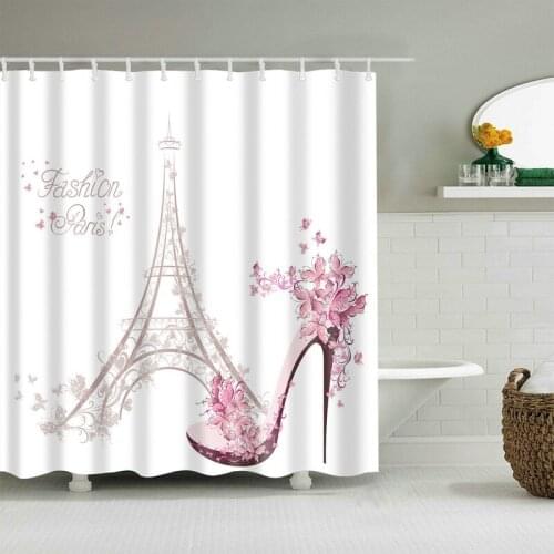 Pink High Heels and Tower Shower Curtain Set with 12 Hooks Natural Plants Bathroom Decoration Washable Polyester Fabric