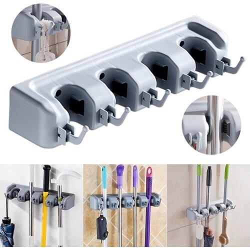 Wall Mounted 4 Racks Mop Brush Broom Holder Hanger Organizer Storage Multi-Functional Magic Plastic Mop Holder Bathroom Storage