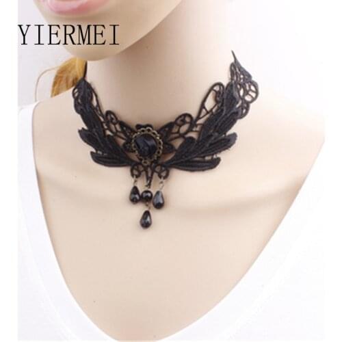 YIERMEI New Women Choker Necklace Jewelry Statement Necklace Women Retro Gothic Punk Collar Black Lace Tassels Decor
