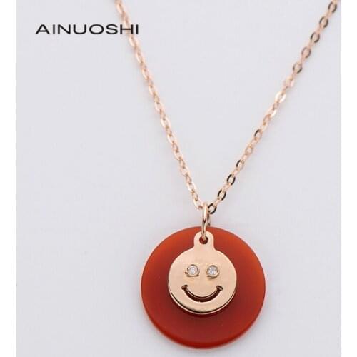 AINUOSHI 18K Rose Gold Real 0.008ct Diamond Red Agate Round Smiley Pendant Necklace Personalized Women Charm Jewelry Gift 18