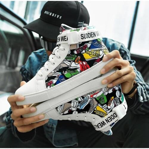 Plus Size High Top PU Leather Male Sneakers Mens Running Shoes White Sports Shoes Men Sport Shoes Rainbow Tennis 2021 GMB-1140