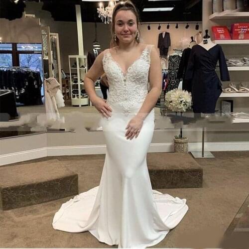Ivory Mermaid Wedding Dresses Deep V Neck Backless Sweep Train Appliques Country Garden Beach Bridal Gowns vestidos de novia Plu