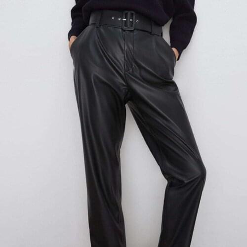 Vadim Hot Sale Palazzo Pants Womens Pants With Belt Imitation Leather Trousers 2020 New Autumn And Winter Pu Pencil High Faux