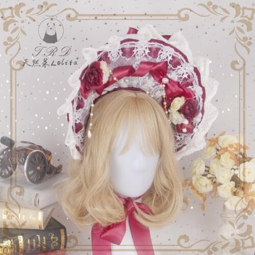 Gorgeous Wine Red Bonnet Lolita flower Wedding Bnt Cosplay Vintage Handmade Victorian Dream back to Versailles Lace Rose Sun Hat