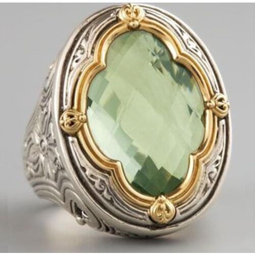 Vintage Big Oval Green Stone Finger Rings For Men Women Antique Punk Two Tone Metal Carving Pattern Rings Rock Jewelry