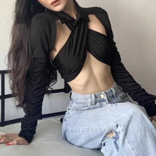 Women’s Casual Long Sleeve T-shirt Fashion Solid Color Bandage Backless Exposed Navel Tops