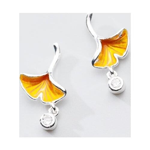 Sole Memory Colored Drip Glaze Crystal Ginkgo Leaves 925 Sterling Silver Fashion Female Stud Earrings SEA742