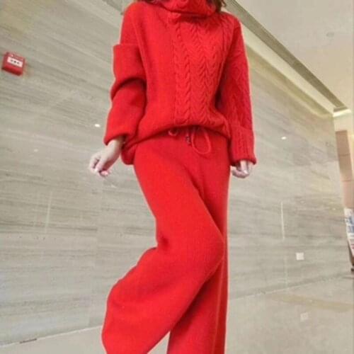 Womens suit 2019 new style winter sweater set hemp pattern turtleneck sweater fashion wide leg pants two-piece suit