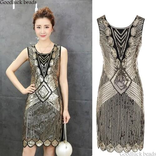 Vintage 1920s Flapper Dress O-Neck Sleeveless Sequin Party Midi Dresses Vestidos Verano 2019 Summer Beaded Wedding Black Dress