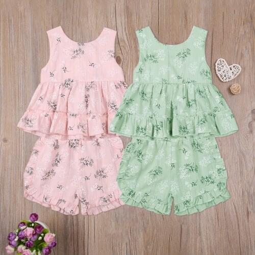 Baby Girl’s Ruffles Vest and Shorts Suit Fresh Floral Printed Sleeveless Tops and Short Pants Summer Girl Clothes Set