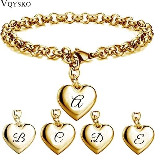 Gold Color Initial Alphabet 26 letter Bracelet For Women Stainless steel Link Chain Heart Charm Pendant Bracelets Wholesale