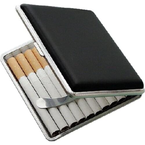 1pc New Faux Leather Metal Frame Black Cigarette Storage Case Box Container for Lighter