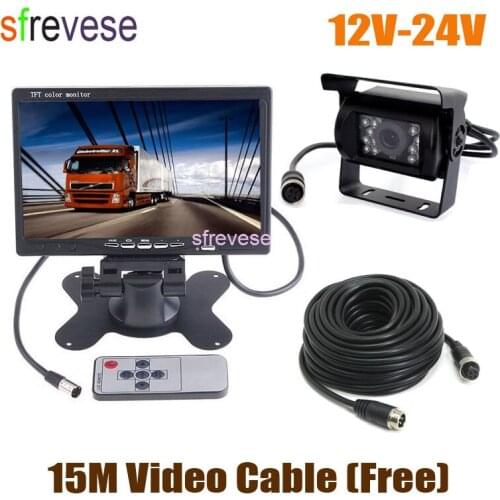 12V-24V 4Pin 18 LED CCD Parking Reversing Backup Camera + 7" LCD Monitor Car Rear View Kit 15m Cable for Bus Truck Motorhome