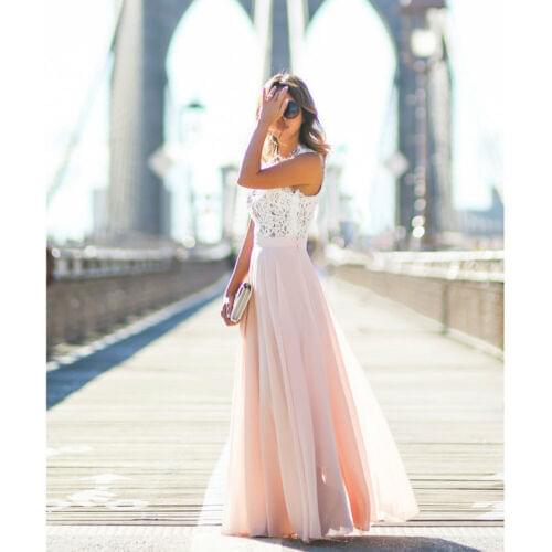 2020 Womens Casual Lace Loose Long Solid Dress Off the Shoulder Formal Prom Party Wedding Bridesmaid Sleeveless