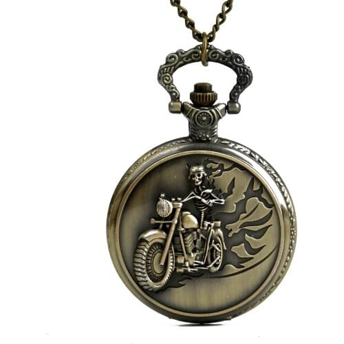 9009 Old Antique Bronze Skull Design Riding Motorcycle Chain Pocket Watch For Grandpa And Dad As The Greatest Gifts