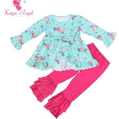 Kaiya Angel Children Cotton Outfit Girls Boutique Wholesale Rose Floral Clothing With Bell Sleeve Autumn Winter Kids Clothes