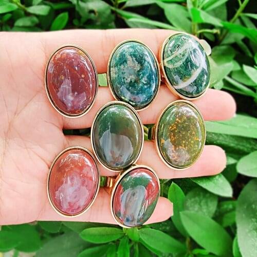 Say 1PC Alloy Oval Inlaid Semi Precious Gemstones Stones Natural Bloodstone Tumblestones Cuff Ring Ladies Banquet Gift Jewelry
