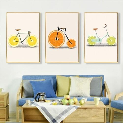 Minimalist Modern Abstract Fruit Bike Yellow Lemon Orange Print Canvas Painting Kitchen Restaurant Decor Posters Wall Pictures