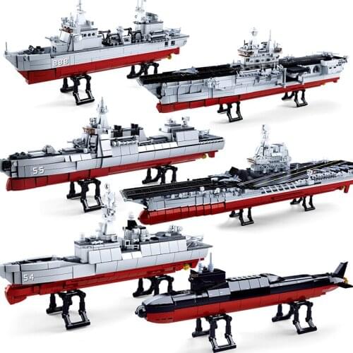 Navy Battle Ship Aircrafted Carrier Military Submarine Naval Destroyer Warship Model Building Blocks Kids Toys