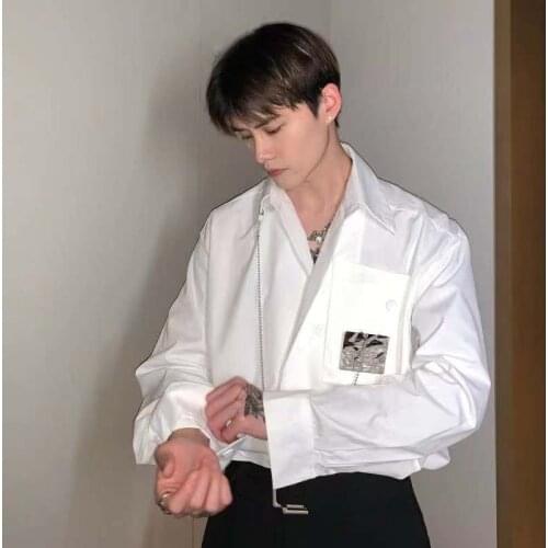 2021 Mens High-end Feeling White Shirts Long Sleeve Detachable Metal Design Shirt Long Sleeve Fashion Camisa Masculina