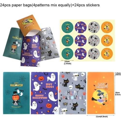 24pcs Cute Sticker Set With 24pcs Little Pumpkin Halloween Candy Packaging Bag New Party Gift Bag Halloween Candy Paper Pouches