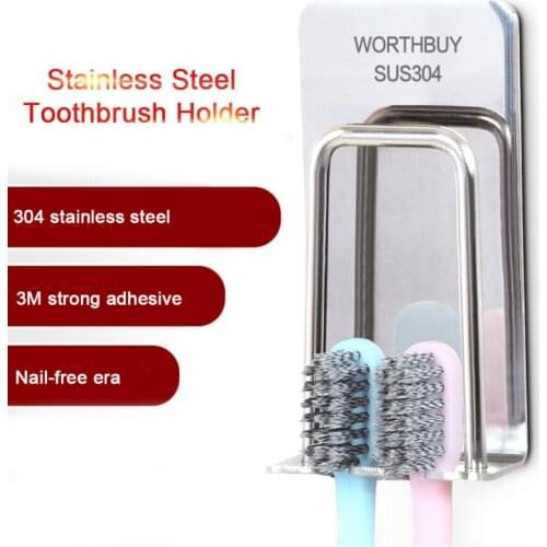 Stainless Steel Wall Mounted Durable No Drilling Toothbrush Holder Practical Bathroom Supplies Storage Rack Organizers Shelf