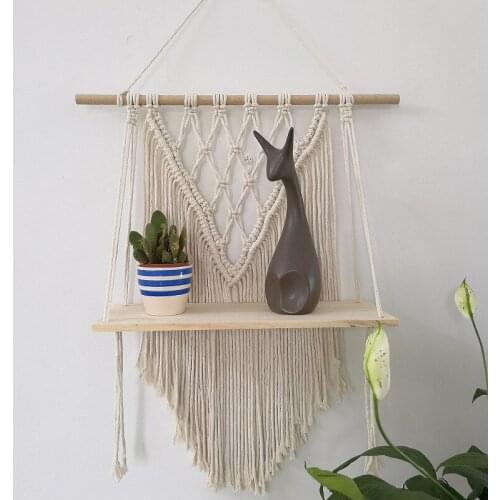 Hand-woven Macrame Wall Hanging Tapestry Storage Wooden Shelves Handmade Decoration Rack Bedroom Living Room Home Decor
