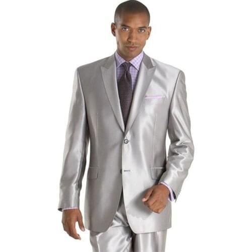 New Arrival Mens Suits Groomsmen Peak Lapel Groom Tuxedos Shiny Silver Wedding Best Man Suit (Jacket+Pants)