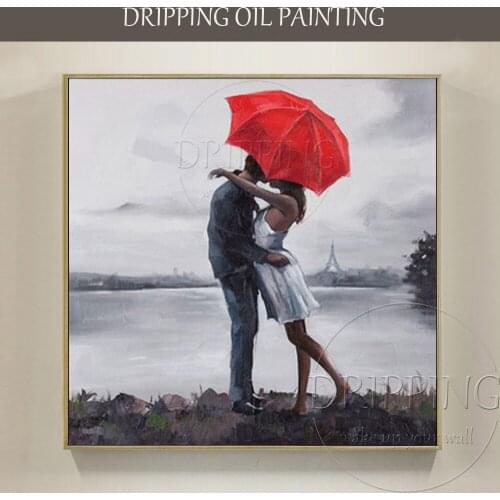 Excellent Artist Hand-painted High Quality Modern Painting Lover under Red Umbrella Oil Painting Lover in Paris Oil Painting