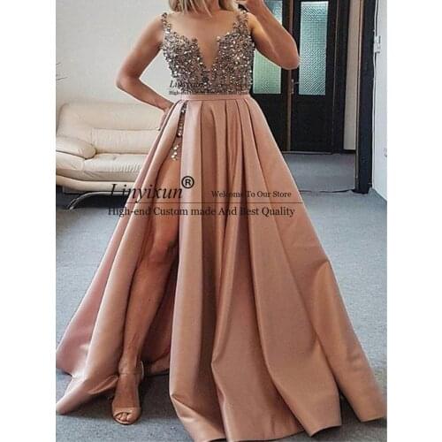 Sheer Mesh Top A Line Prom Dresses 2020 With Satin Detachable Skirt Beaded Sequins Top Split SweepTrain Formal Evening Gowns