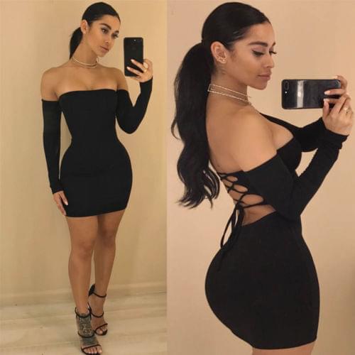 Hirigin Womens Summer Long Sleeve Slash Neck Hollow Bandage Bodycon Night Club Party Dress