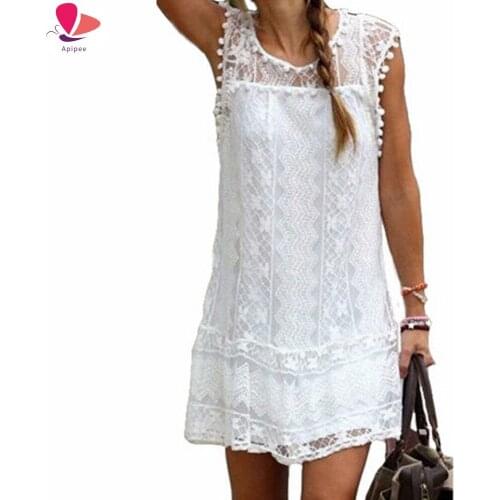 Sexy Summer Dress 2019 Women Casual Beach Short Dress Tassel Black White Mini Lace Dress Sexy Party Dresses Vestido S-5XL