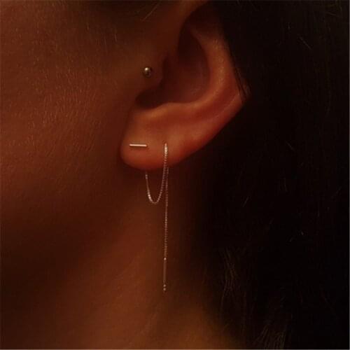 925 Sterling Silver Long Chain Piercing Stud Earrings For Women Girls Party Wedding Fashion Jewelry Oorbellen eh965