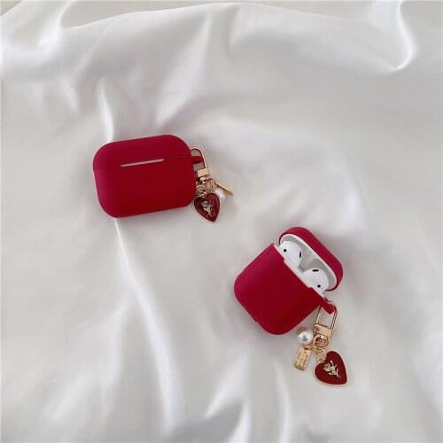 Vintage Roses Pearl Keychain Wine Red Silicone Earphone Case For Apple Airpods 1 2 Pro 3 Bluetooth Headset Cover Sweet Cute