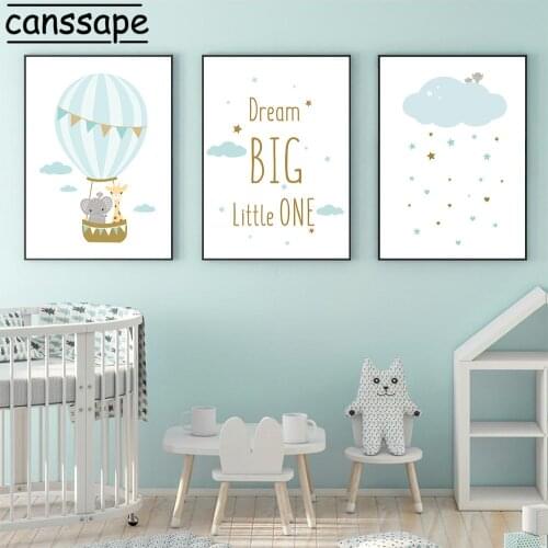 Hot Air Balloon Canvas Picture Blue Stars Cloud Nursery Print Cartoon Letter Poster Nordic Giraffe Elephant Painting Kids Room
