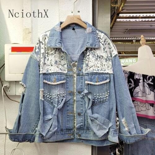 Women Hollow out Denim Jacket 2021 Autumn Newest Fashion Women Lace Patchwork Jacket With Bow Female Tassel Jacket