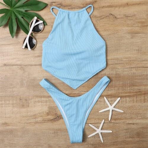 Women Bikini Sets Thicken Solid Color Swimwear Bathing Suits 2 Piece Split Bandage Beachwear Thong Biquini Sexy