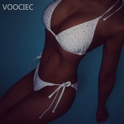 VOOCIEC Handmade Crystal Tank Top Sexy Club Summer Beach Women Tops Night club Halter Camis Metal Bralette Ladies Croped Tops